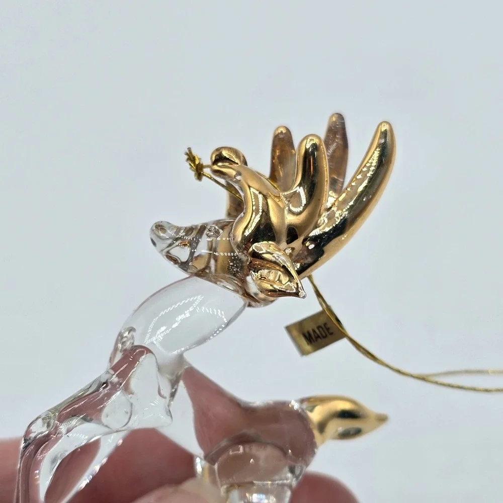 Vintage Spun Glass Reindeer Figure Ornament Painted Gold‎ Accents Deer Prancing